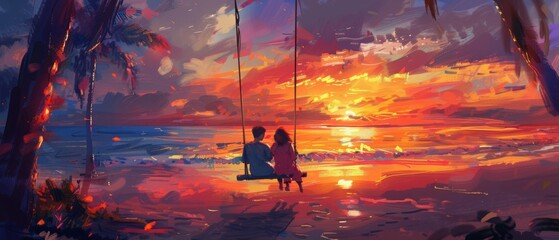 Romantic sunset painting of a couple on a swing by the beach, enjoying the vibrant hues of the sky and reflecting on the water.
