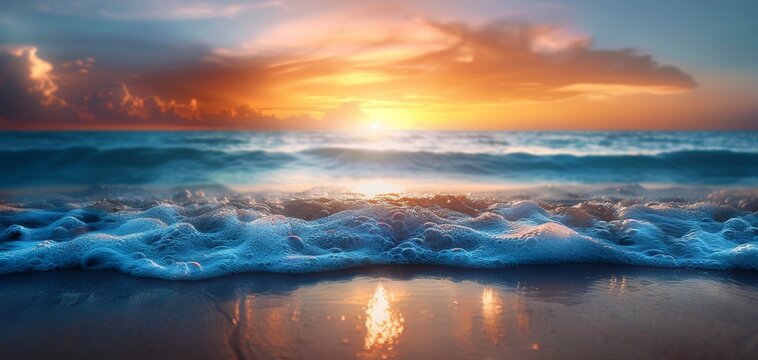 Stunning sunset over the ocean with vibrant colors reflecting on waves and shoreline, perfect for travel or nature themes in a stock photo.