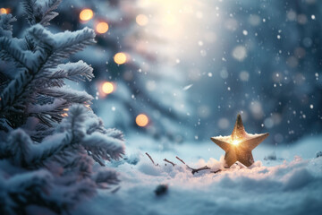 Poster - Magical winter scene with an illuminated star nestled in snow-covered pines under a twinkling starry sky.