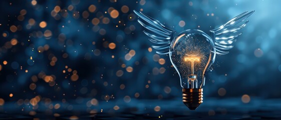 Wall Mural - Illuminated Light Bulb with Wings Against a Sparkling Blue Background Symbolizing Creativity and Innovation