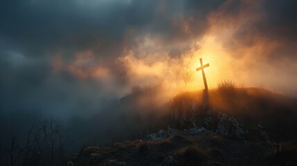 Shrouded Golgotha: Holy Cross Symbolizing Death & Resurrection of Jesus Christ with Sky in Light & Clouds
