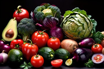 Variety of assorted healthy organic raw vegetables on black background