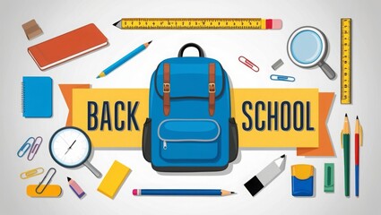 Wall Mural - Back to School In White Background Banner with Blue Backpack and School Supplies