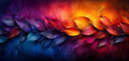 Poster - Vivid abstract artwork featuring a wave of intertwined colorful leaves with a fiery gradient background capturing depth and movement.