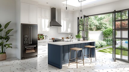 3D rendering of a blue kitchen island with white cabinets and a black refrigerator. There is an open door leading to a patio area, which has green plants on it. The floor nearby features beige tiles