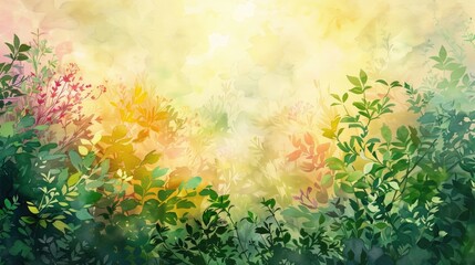 Wall Mural - Colorful Watercolor Nature Background in Garden with Sunlight and Greenery