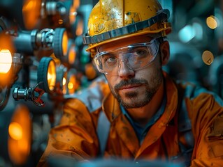 Wall Mural - Focused worker in a chemical plant conducting checks. Safety protocols, industrial setting. Engineering concept. Minimalism,