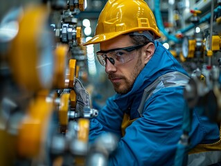 Labor engineer examining equipment in a chemical plant. Safety gear, technical machinery. Industrial concept. Minimalism,