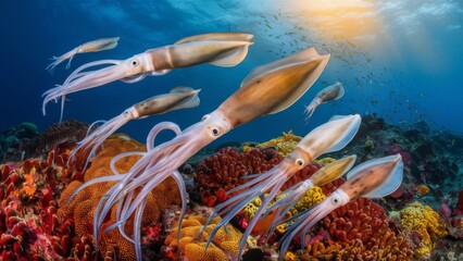 Wall Mural - Photographic image of squids swimming among vibrant coral underwater