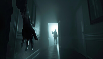 Wall Mural - Horror is the phantom touch in the darkness: Picture a person standing in a dark room, with a ghostly hand reaching out to touch them, symbolizing the horrifying sensation of something unseen touching