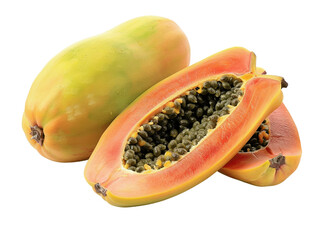 A whole papaya and a sliced papaya with black seeds, isolated on a white background.