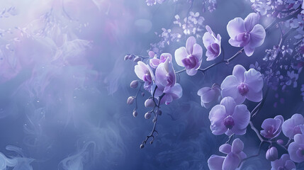 Wall Mural - Vibrant violet petals on electric blue background in floral painting
