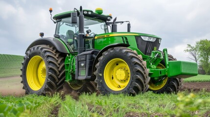 color photo of a powerful tractor plowing through a lush green field, its massive wheels churning up the fertile soil, a testament to the hard work and dedication of farmers