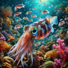 Wall Mural - photographic image of squids swimming among vibrant coral underwater