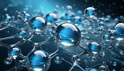 Wall Mural - Cell molecules of water Blue bubbles molecule background Biology or chemistry background,, silver color splash Free Photo realistic