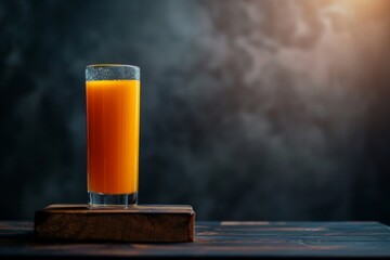 Mystic portrait of orange juice on board in studio, dark copy space on right side, Close-up View