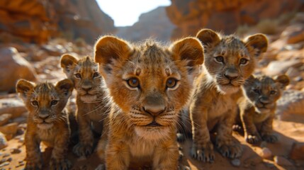 Wall Mural - a group of young small teenage lions curiously looking straight into the camera in the desert