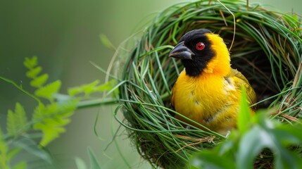 Wall Mural - African southern masked weaver, Ploceus velatus, build the green grass nest. Yellow birds with black head with red eye, animal