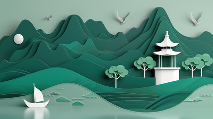 Wall Mural - An illustration of 3d relief of a Chinese traditional landscape, with mountains and lake