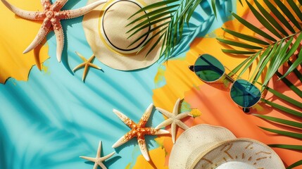 Poster - Beach accessories composition on colorful backdrop