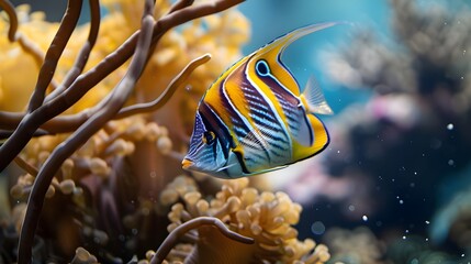 Wall Mural - A colorful butterflyfish darting among coral branches, its vibrant stripes clearly visible.