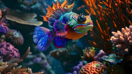 Wall Mural - A colorful mandarin fish navigating a coral reef, its vibrant hues glowing underwater.