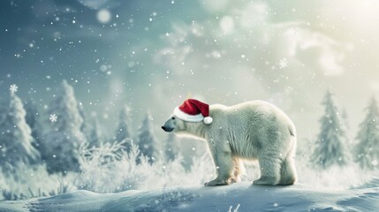 Wall Mural - Christmas polar bear in the winter landscape. Polar bear santa. Magical christmas scenery
