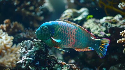 Wall Mural - A colorful parrotfish grazing on algae-covered rocks, its beak scraping off bits of coral as it feeds.