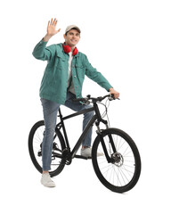 Poster - Smiling man with headphones on bicycle against white background