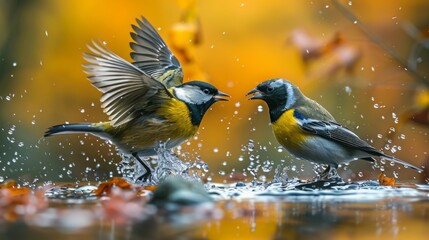 Wall Mural - Dispute of eurasian siskin, spinus spinus, and great tit, parus major, in autumnal nature. Conflict of passerine birds with color