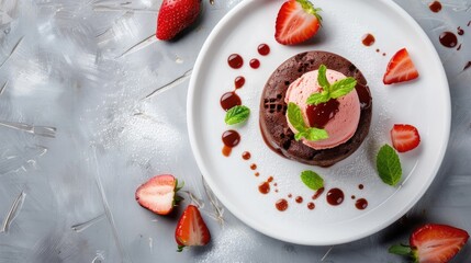 Canvas Print - Chocolate lava dessert with strawberry ice cream and jam from above on white plate with copy space