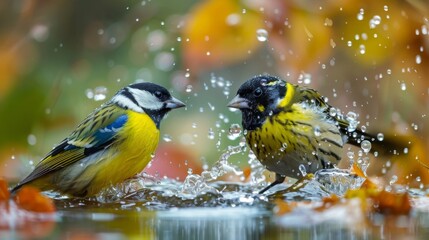 Wall Mural - Dispute of eurasian siskin, spinus spinus, and great tit, parus major, in autumnal nature. Conflict of passerine birds with color