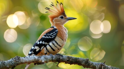 Wall Mural - Eurasian or common hoopoe (Upupa epops) fascinated brown crested bird with white and black wings closely perching on thin branch