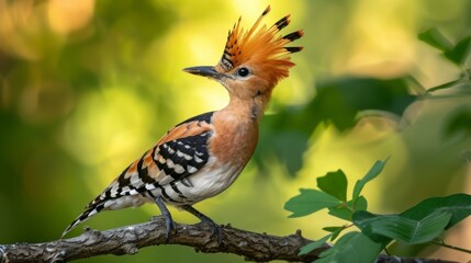 Wall Mural - Eurasian or common hoopoe (Upupa epops) fascinated brown crested bird with white and black wings closely perching on thin branch