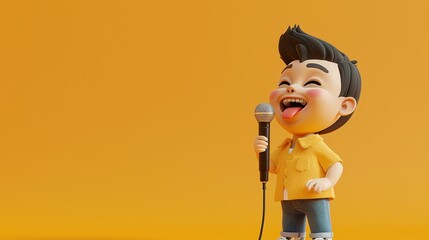 Canvas Print - A 3D cartoon of a boy with black hair singing into a microphone.