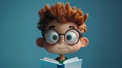 Poster - A 3D-rendered cartoon boy with red hair and glasses looks at a book.