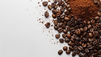 Wall Mural - Coffee beans and ground coffee on white background with space for text Top view
