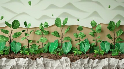 Wall Mural - A detailed background showing a garden where plants grow from paper soil, illustrating the concept of biodegradable planting materials that support sustainable agriculture.