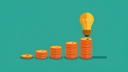 Poster - A stack of coins is shown with a light bulb on top. The light bulb is lit up, which represents an idea or a concept. Concept of innovation and creativity