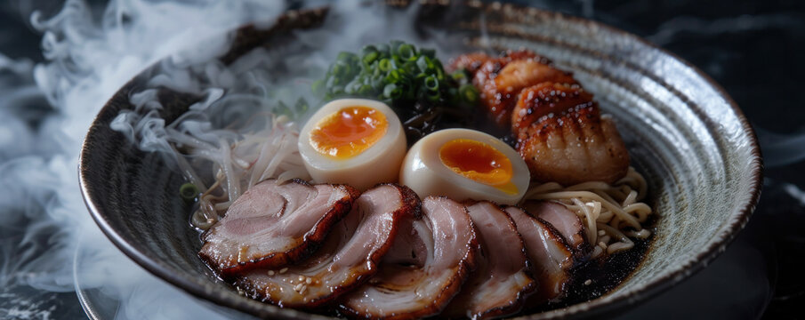 A bowl of food with meat and eggs in it. The bowl is covered in steam. The food looks delicious and appetizing