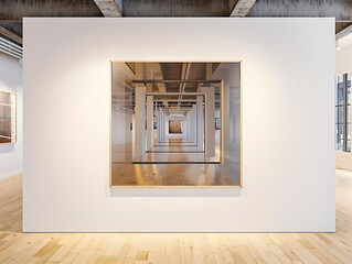 Interior shot of an art gallery with a focus on a piece of optical illusion art that plays with perspective and viewer perception, mounted on a white wall. 