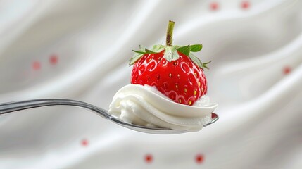 Wall Mural - Fresh strawberry on a spoonful of creamy yogurt, isolated on white with soft wave background