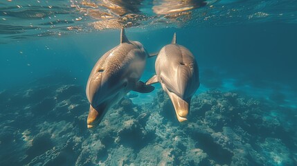 Canvas Print - High angle view of two Bottlenose Dolphins, tursiops truncatus, swimming close to surface