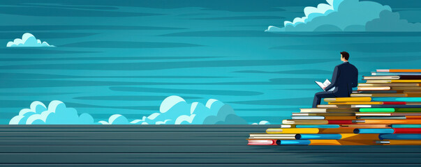 Poster - A man is sitting on a stack of books. The books are piled up in a way that they look like they are about to fall. The man is looking at the books