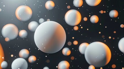 Wall Mural - a dark, abstract background with floating spheres of white and orange, lit with a soft, warm light.
