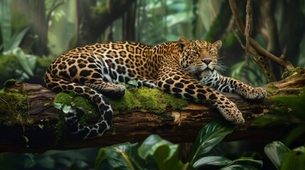 Wall Mural - Leopard relax in the rain forest on the timber with moss