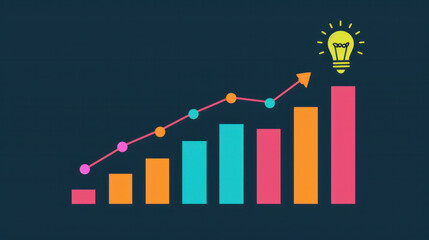 Poster - A graph with a light bulb on top of it. The graph is a series of bars with different colors, and the light bulb is pointing upwards. Concept of growth and progress