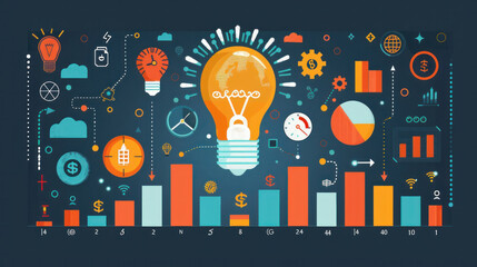 Poster - a colorful drawing of a light bulb surrounded by various shapes and numbers. concept of creativity a