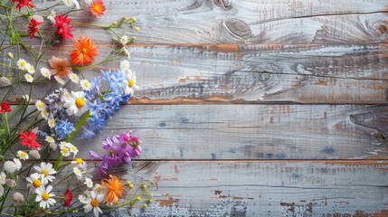 Wall Mural - Spring flower arrangement on wooden backdrop greeting card with space for Mother s Day or Easter celebration