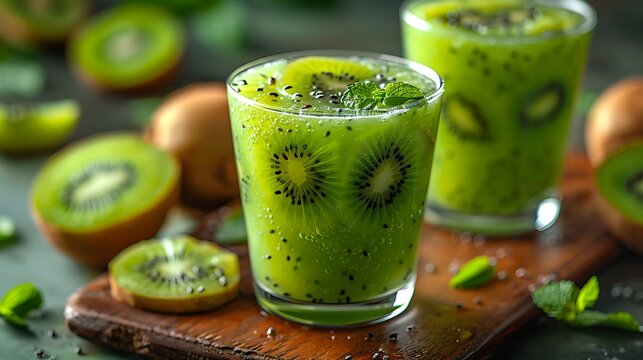 **Freshly squeezed kiwi juice in a transparent glass, showcased on a solid kiwi green backdrop.